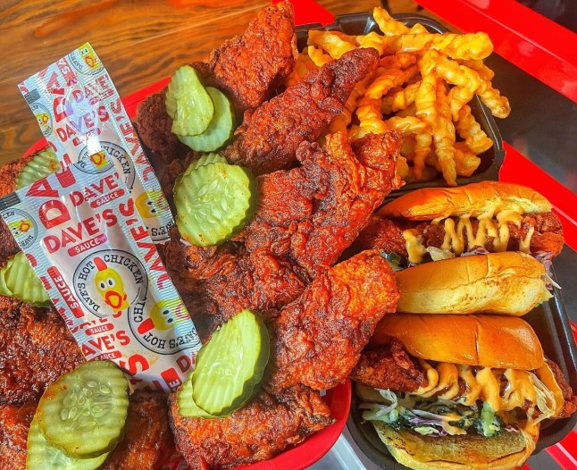 A tray of food from Dave's Hot Chicken