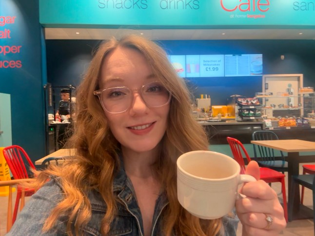 Courtney Pochin drinking a cup of tea at a Home Bargains Cafe in West Drayton