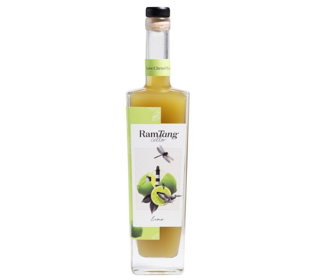 A bottle of RamTang Limecello on a white background