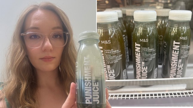 A split image showing Courtney Pochin holding a bottle of Punishment Juice (left) and bottles of the juice on the shelf in M&S (right)