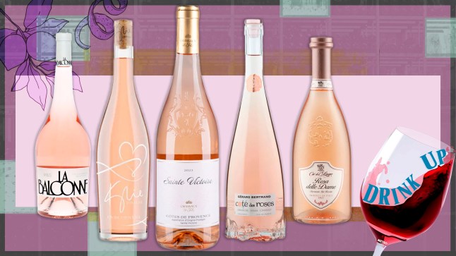 Bottles of Rose wine on a purple background with the Drink Up logo in one corner