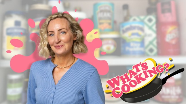 The What's Cooking logo with a picture of Bethany Eaton and food on kitchen shelves.