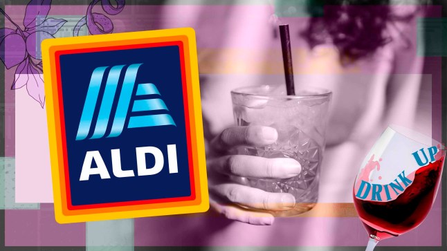Drink Up column logo, the Aldi logo and someone holding a drink