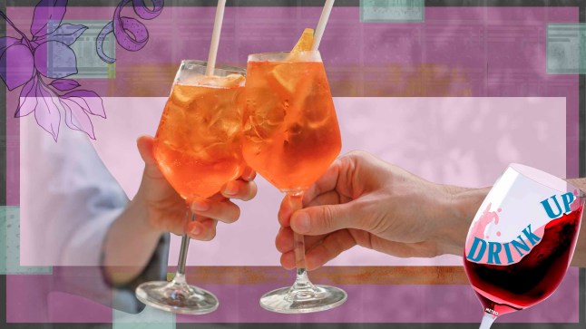The Drink Up logo and people holding Aperol Spritz drinks with a purple background