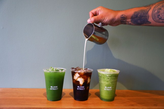 Blank Street Coffee Opening, with matcha and coffee drinks being poured