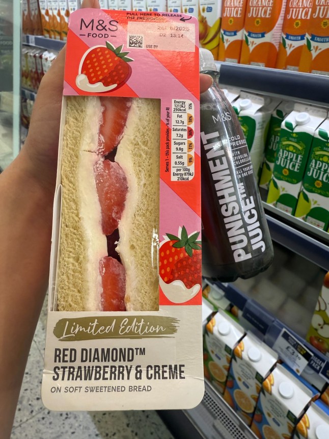 The Red Diamond Strawberry sandwich from M&S and a bottle of juice