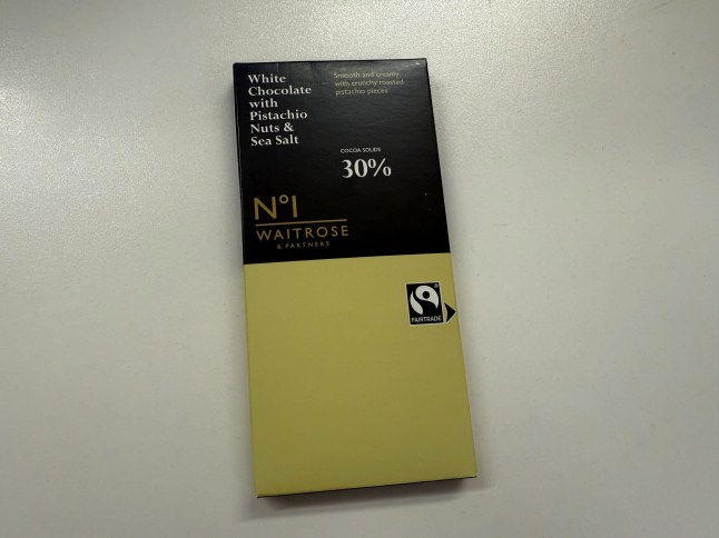Waitrose White Chocolate, Pistachio and Sea Salt chocolate bar