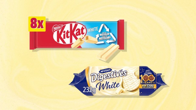 White KitKats and White McVities Digestives packets on a yellow background