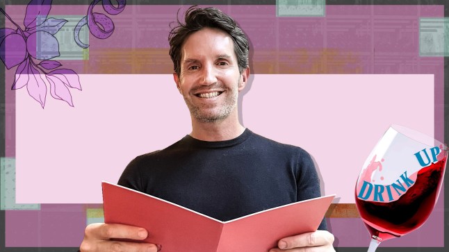 Rob Buckhaven holding a menu with a purple background and the Drink Up logo