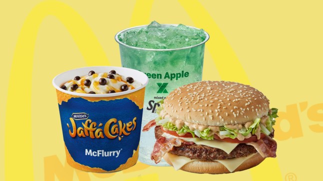 A yellow background with the McDonald's logo as well as new Jaffa Cake McFlurry, the Big Tasty with Bacon and a Sprite Zero drink with Green Apple Syrup