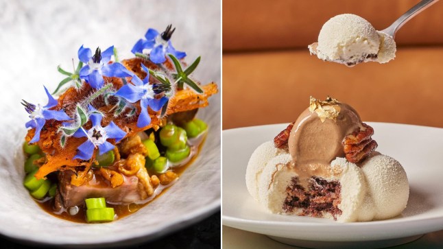 Split image showing two dishes from Atomix in the USA