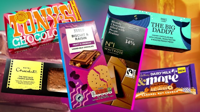 Chocolate bars from Tesco, M&S, Waitrose, Cadbury and Tony's on a colourful background