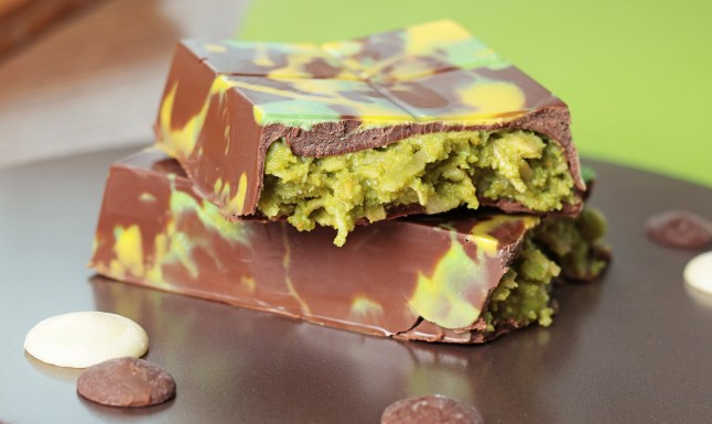 Dubai chocolate bar with pistachio paste and kataifi dough. Confectionery and sweets.