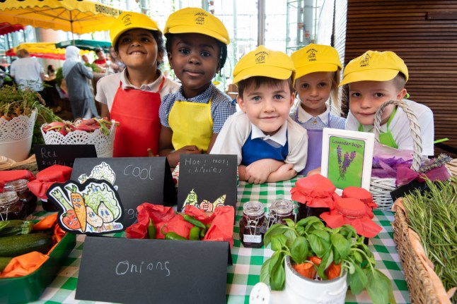 Peter Hill School Young Marketeers from Local Schools Selling their grown produce in Borough Market Hall