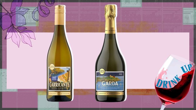 Bottles of Asda's Wine Atlas Sparkling wines on a purple background with the Drink Up logo