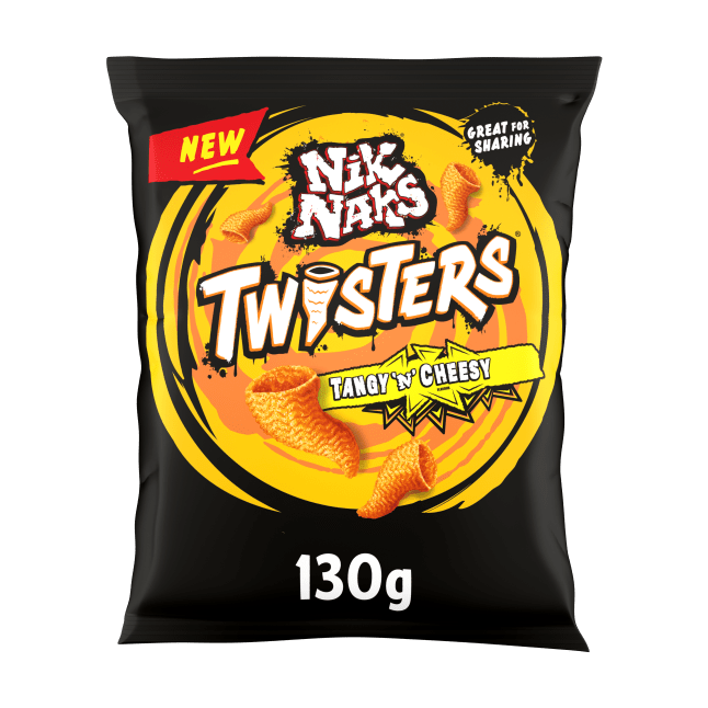 Nik Naks Tangy 'n' Cheesy Twisters crisps on a white background