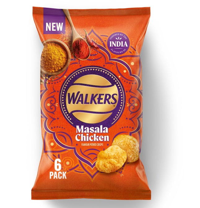 New Walkers Masala Chicken Crisps on a white background