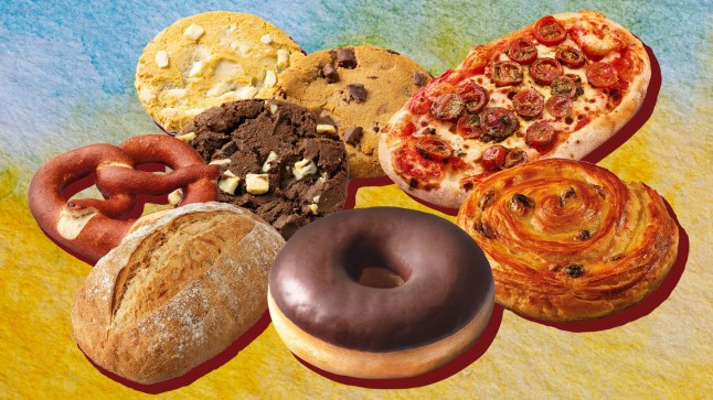 A selection of different bakery items from Lidl, including doughnuts, cookies, bread, pizza and pastries on a blue and yellow background