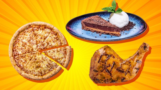 Pizza, chicken and a dessert on a yellow and orange background