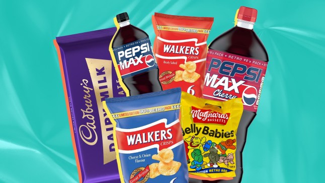 Food items with 90s packaging, including Walkers Crisp, Cadbury Dairy Milk bar, Pepsi bottles and Maynard's Jelly Babies on a blue background
