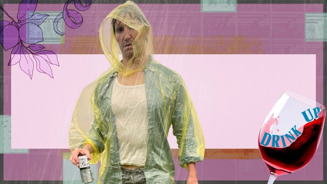 Rob Buckhaven wearing a rain poncho and holding a tin of gin, with the Drink Up logo and a purple background