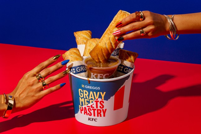 EMBARGOED TO 1700 TUESDAY AUGUST 5 Undated Greggs handout image of Greggs sausage rolls with KFC gravy. Greggs and KFC have teamed up to create the "culinary crossover of the century" in the form of a sausage roll drenched in gravy. Issue date: Tuesday August 5, 2025. PA Photo. Photo credit should read: Greggs/PA Wire NOTE TO EDITORS: This handout photo may only be used in for editorial reporting purposes for the contemporaneous illustration of events, things or the people in the image or facts mentioned in the caption. Reuse of the picture may require further permission from the copyright holder.