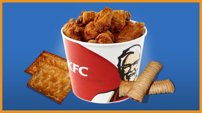 A Greggs steak bake, sausage rolls and a KFC chicken bucket on a blue background.