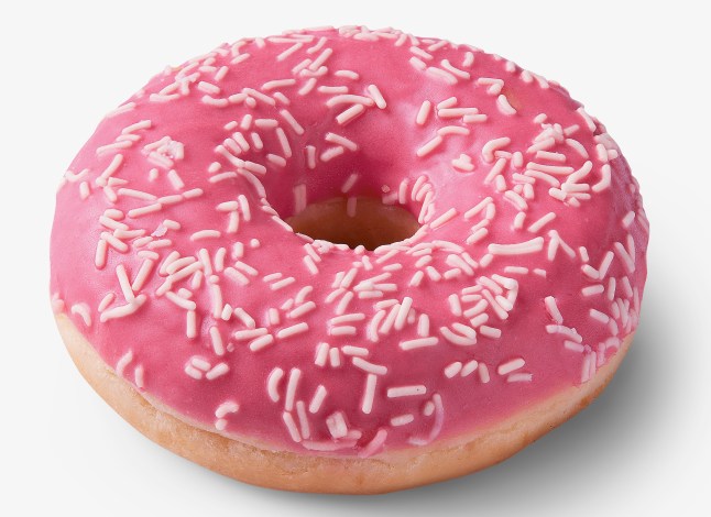 Lidl's pink iced ring doughnut on a white background