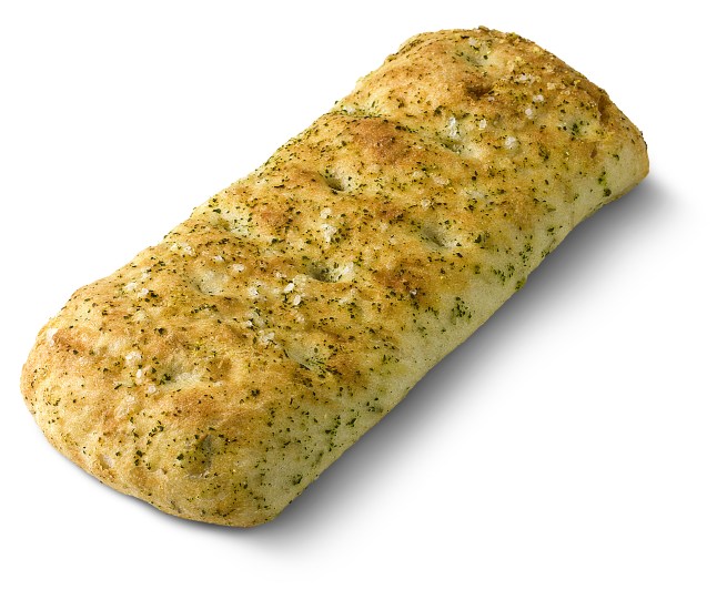 Lidl''s Rosemary and sea salt foccacia roll on a white background