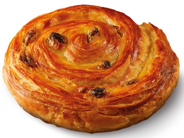 A pain aux raisin from Lidl on a white background