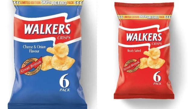 Split image of Walkers retro 90s crisp packets. Cheese & Onion on the left and Ready Salted on the right